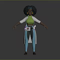 Woman with curly afro hairstyle wearing green top white coat blue pants and utility belt