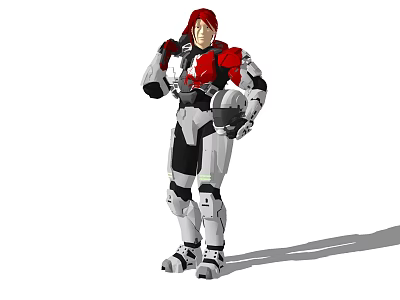 Red Haired Game Movie Character In Red White Black Mech Armor Holding Helmet Standing Pose 3d model