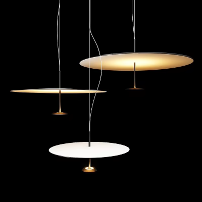 Three Modern Pendant Lights With Circular White Shades And Warm Illumination 3d model