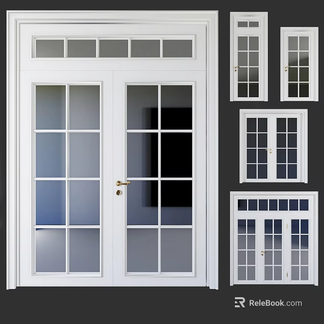 White Double Doors With Glass Panels And Various Window Styles For Home Interior 3d model 