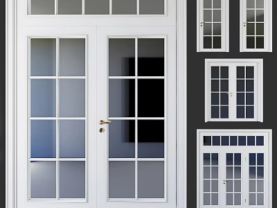 White Double Doors With Glass Panels And Various Window Styles For Home Interior 3d model