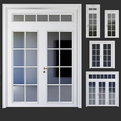 White Double Doors With Glass Panels And Various Window Styles For Home Interior 3d model