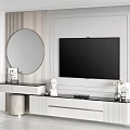 Modern TV Background Wall With Circular Mirror Decorative Figurines And White Cabinet Design