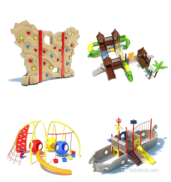 Colorful Kids Playground Equipment With Climbing Wall Slide Swings Climbing Net And Pirate Ship Theme 3d model 