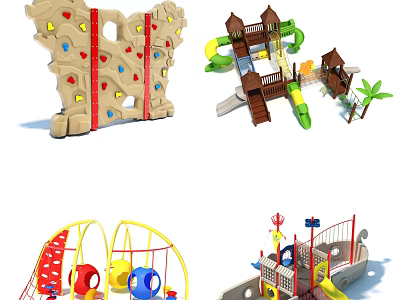 Colorful Kids Playground Equipment With Climbing Wall Slide Swings Climbing Net And Pirate Ship Theme 3d model