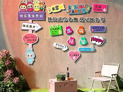 Cute Cartoon Signs Photo Spot With Happy Bunny Heart Pink Cabinet Green Plants White Chair 3d model