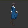 Anime Game Character With Brown Hair Blue Dress White Collar Cuffs Flowing Skirt Brown Shoes