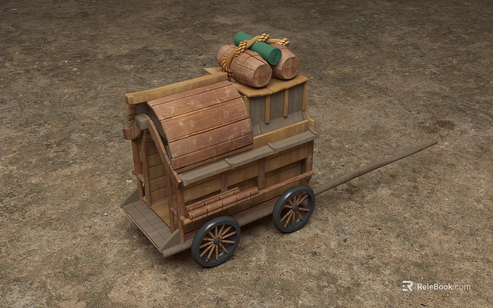 Traditional Wooden Cargo Wagon Carrying Barrels and Bundled Goods on Dirt Ground 3d model 