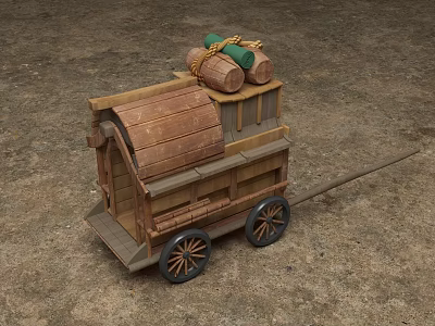 Traditional Wooden Cargo Wagon Carrying Barrels and Bundled Goods on Dirt Ground 3d model