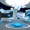 Modern Tech Exhibition Hall With Sleek Curved Design Large Screen And Starry Sky Ceiling