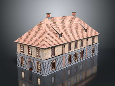Traditional Two Story Residential Building With Red Tile Roof Brick Exterior Multiple Windows And Chimneys 3d model