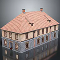 Traditional Two Story Residential Building With Red Tile Roof Brick Exterior Multiple Windows And Chimneys