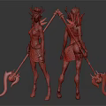 Horned Blue Skin Fantasy Character With Orange Skirt And Staff Weapon Design