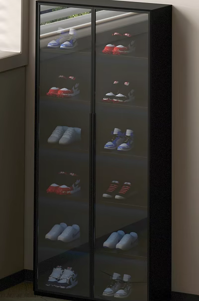 Modern Shoe Cabinet With Glass Doors And Multiple Shelves For Organizing Sneakers And Casual Shoes 3d model