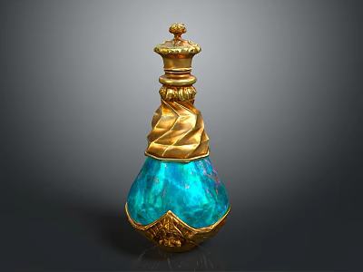 Blue Iridescent Decorative Bottle With Intricate Golden Accents And Ornate Top 3d model