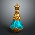Blue Iridescent Decorative Bottle With Intricate Golden Accents And Ornate Top