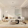 Modern Living Dining Room Interior With TV Wall Shelves Sofa Coffee Table And Chandelier