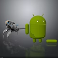 Green Android Robot Standing With Metallic Mechanical Spider Creature On Shiny Surface 3d model