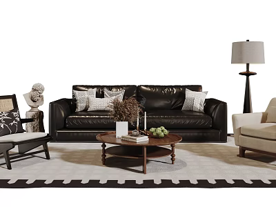 Elegant Leather Sofa With Wooden Coffee Table And Decorative Pillows On Patterned Area Rug 3d model
