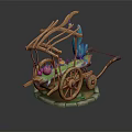 Decorative Wooden Cart Model With Green Plants Pink Flowers Small Lantern And Stone Base