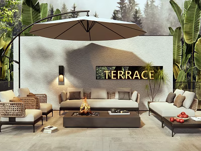 Outdoor Sofa With Umbrella Fire Pit Green Plants And Wicker Furniture On Terrace 3d model