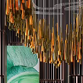 Stylish Table And Chair Set With Green Abstract Painting Golden Chandelier And Dark Wooden Partition