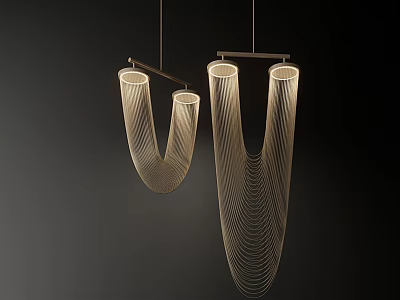 Pair of Contemporary Curved Pendant Lights With Linear Wire Structure For Home Interior 3d model