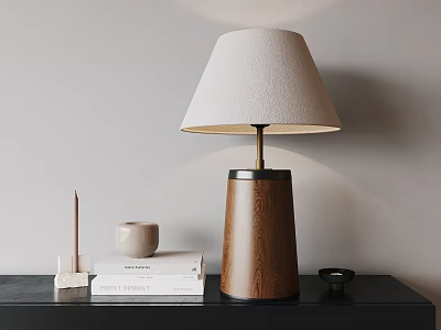 Wooden Table Lamp with Beige Fabric Shade on Black Desk with Books Mug and Pen 3d model