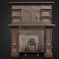 Ornate Vintage Carved Wood Fireplace Featuring Brick Interior And Decorative Columns