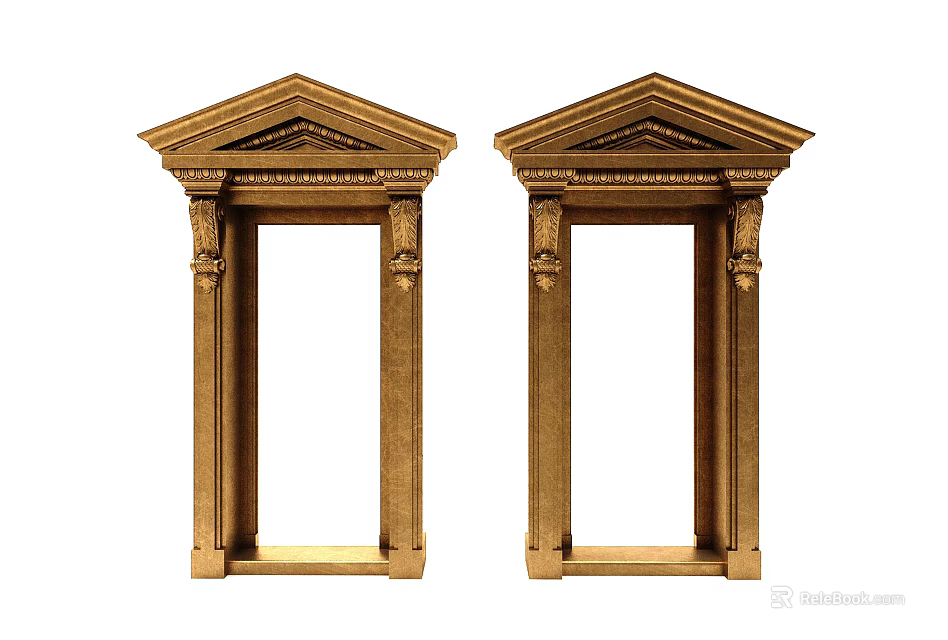 Golden Classical Entrance Gates with Ornate Columns and Triangular Pediments Design 3d model 