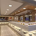 Spacious Modern Hotpot Restaurant Interior With Buffet Counters And Bright Lighting