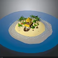 Tropical Island Scene With Sandy Beach Palm Trees Blue Water And Yellow Building