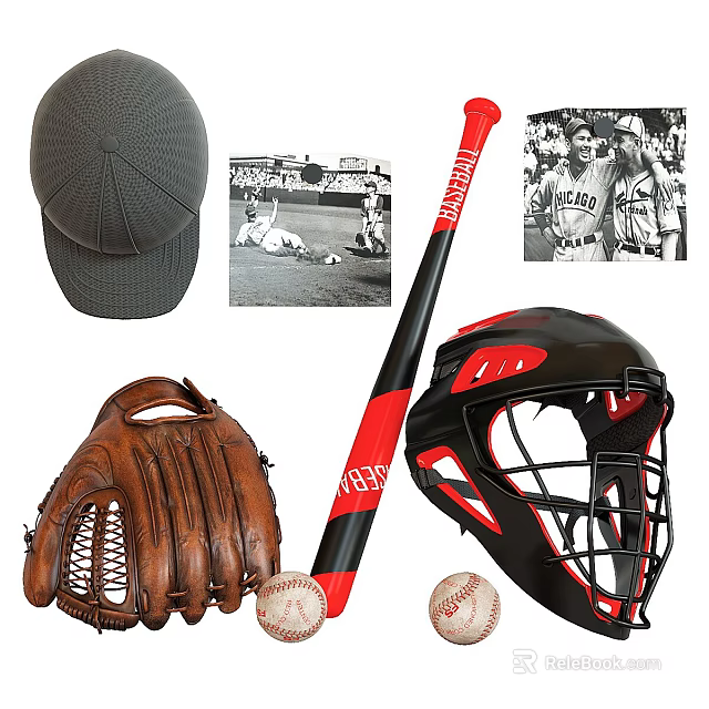 Baseball Sports Equipment Including Cap Glove Bat Balls And Catcher Mask 3d model 