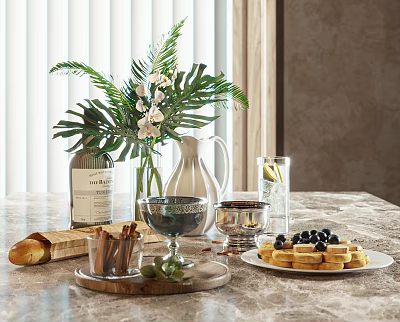 Assorted Foods Including Bread Cookies and Berries on Marble Countertop 3d model