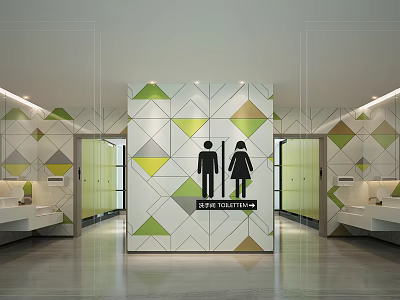 Modern Public Toilet Interior With Geometric Pattern Walls Male Female Symbols Stall Doors And Sinks 3d model