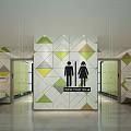 Modern Public Toilet Interior With Geometric Pattern Walls Male Female Symbols Stall Doors And Sinks