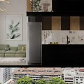 Modern Living and Dining Room Interior With Open Layout White Cabinets Sofa And Plants