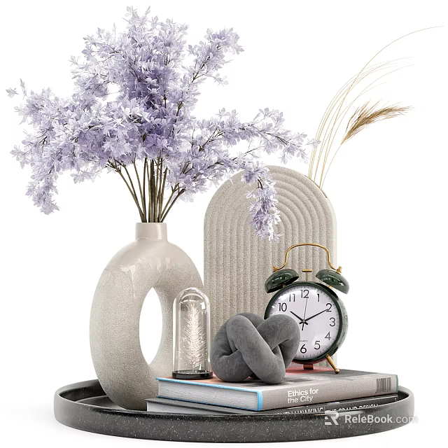 Stylish Decorative Ornament Set with Purple Flowers White Vase Woven Mat and Vintage Clock 3d model 