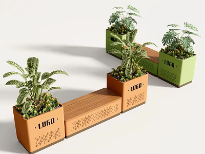 Modern Multifunctional Outdoor Chair Set With Custom Logo Planter Boxes For Public Park Leisure Use 3d model