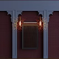 Elegant Restaurant Interior With Deep Purple Walls Blue Decorative Columns And Wall Lamps