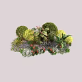 Mixed Plant Combination with Round Shrubs Large Leaf Plants Red Flowers and Purple Small Flowers