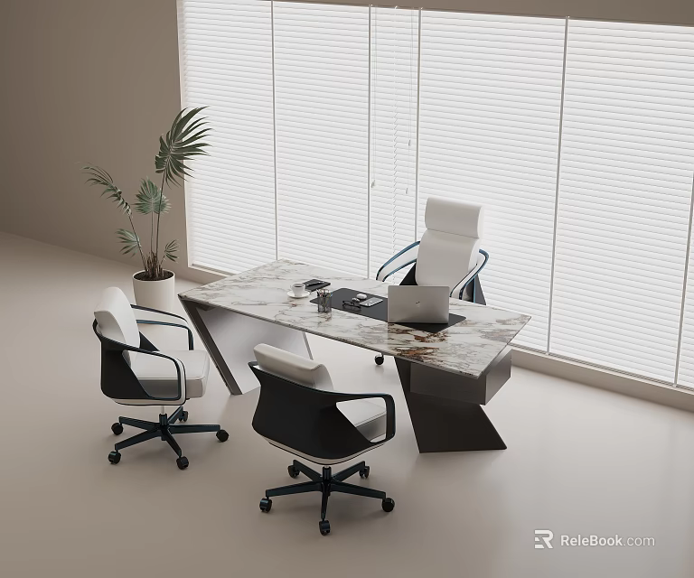 Modern Office Desk With Marble Top Ergonomic Chairs And Potted Plant By Window Blinds 3d model 
