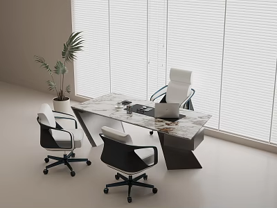 Modern Office Desk With Marble Top Ergonomic Chairs And Potted Plant By Window Blinds 3d model