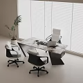 Modern Office Desk With Marble Top Ergonomic Chairs And Potted Plant By Window Blinds