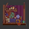 Cartoon Room Interior Scene With Wooden Frame Purple Curtains Blue Star Bed And Red Rug