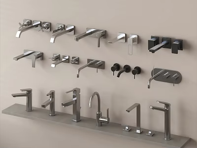 Various Modern Faucet Designs Displayed on Wall and Shelf in Showroom 3d model