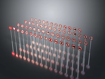 Multiple Traffic Signs Featuring Various Symbols Numbers And Orderly Arranged Layout 3d model