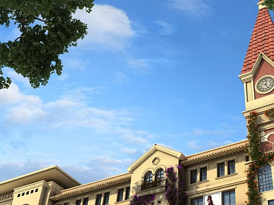 Classic European style Architecture With Red Roof Clock Tower Vines And Blue Sky 3d model
