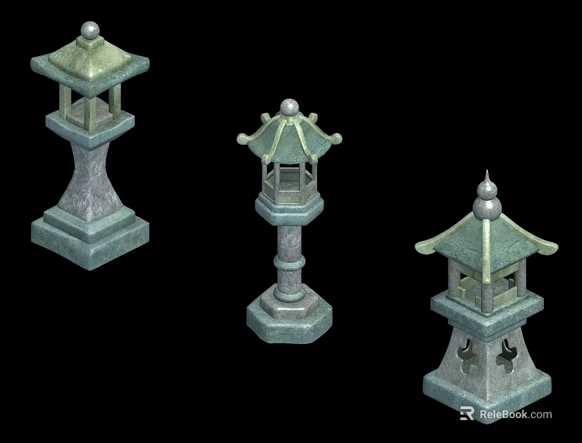 Traditional Japanese Style Stone Outdoor Lights With Hollow Design And Square Base 3d model 