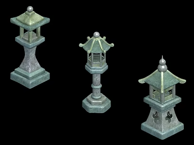 Traditional Japanese Style Stone Outdoor Lights With Hollow Design And Square Base 3d model